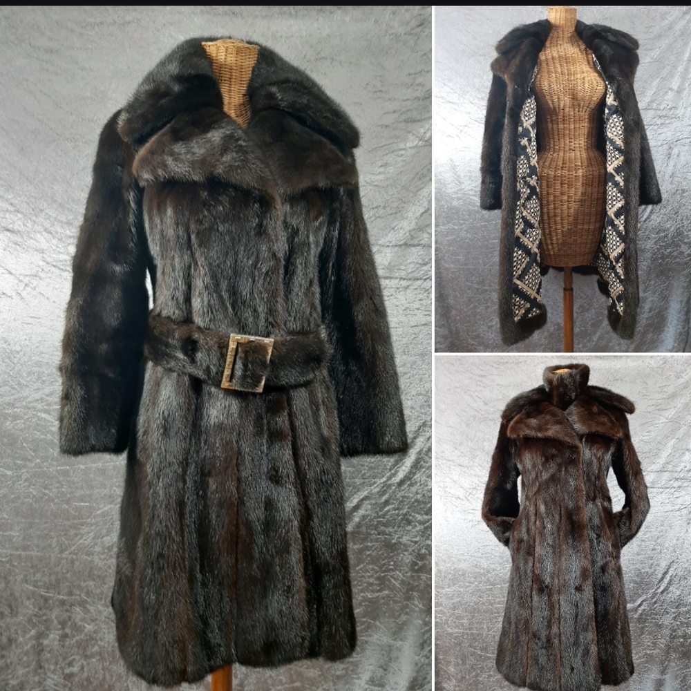 ✨️ VINTAGE " 1970s " Belted Long Exceptional Genuine Mink Coat Fitted PETITE SM